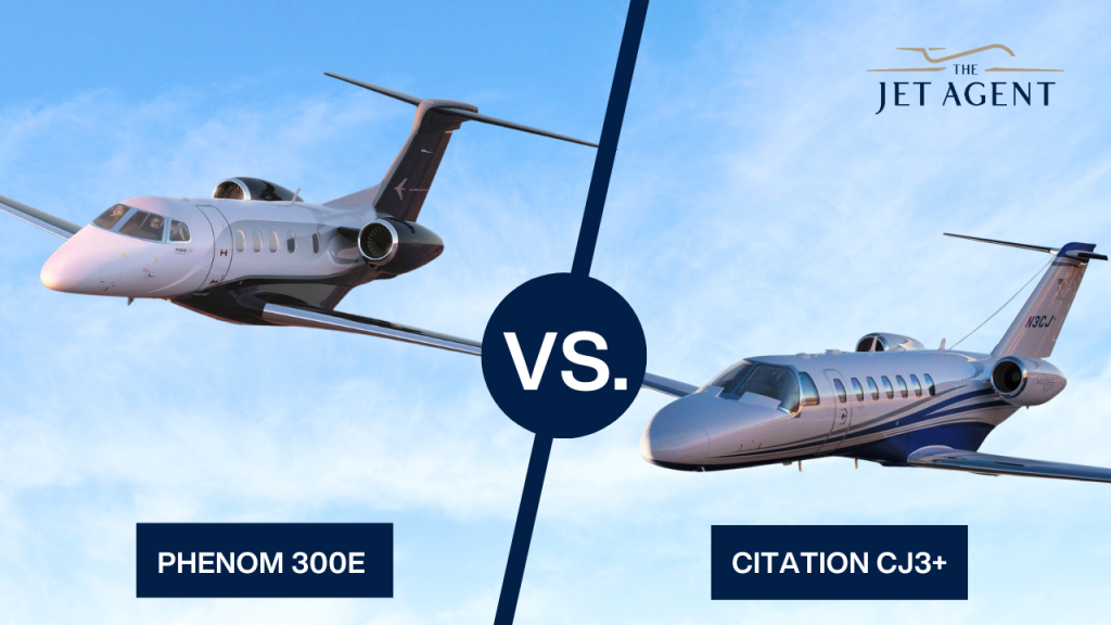 Two private jets, a Phenom 300E and a Citation CJ3+, are shown against a blue sky with "VS." in the middle.